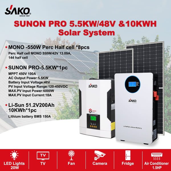 Silver Package - 5.5KVA Inverter + 10KWh Lithium Battery + 8 pcs of 450W Solar Panels